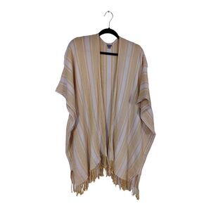Aerie Women's Kimono Cover Up Yellow & White Striped Gauzy Weave  With Fringe OS